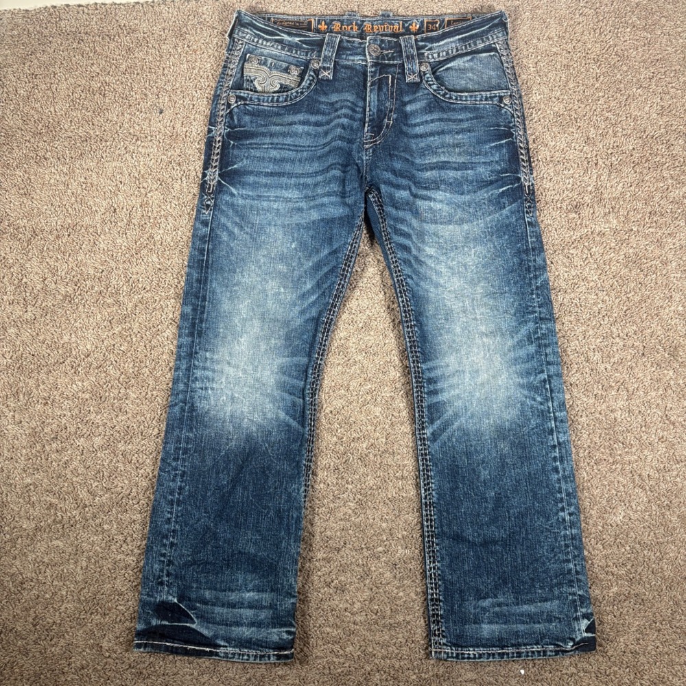 Rock Revival Lancer Relaxed Straight Jeans Mens 34 Medium Wash Stretch Denim